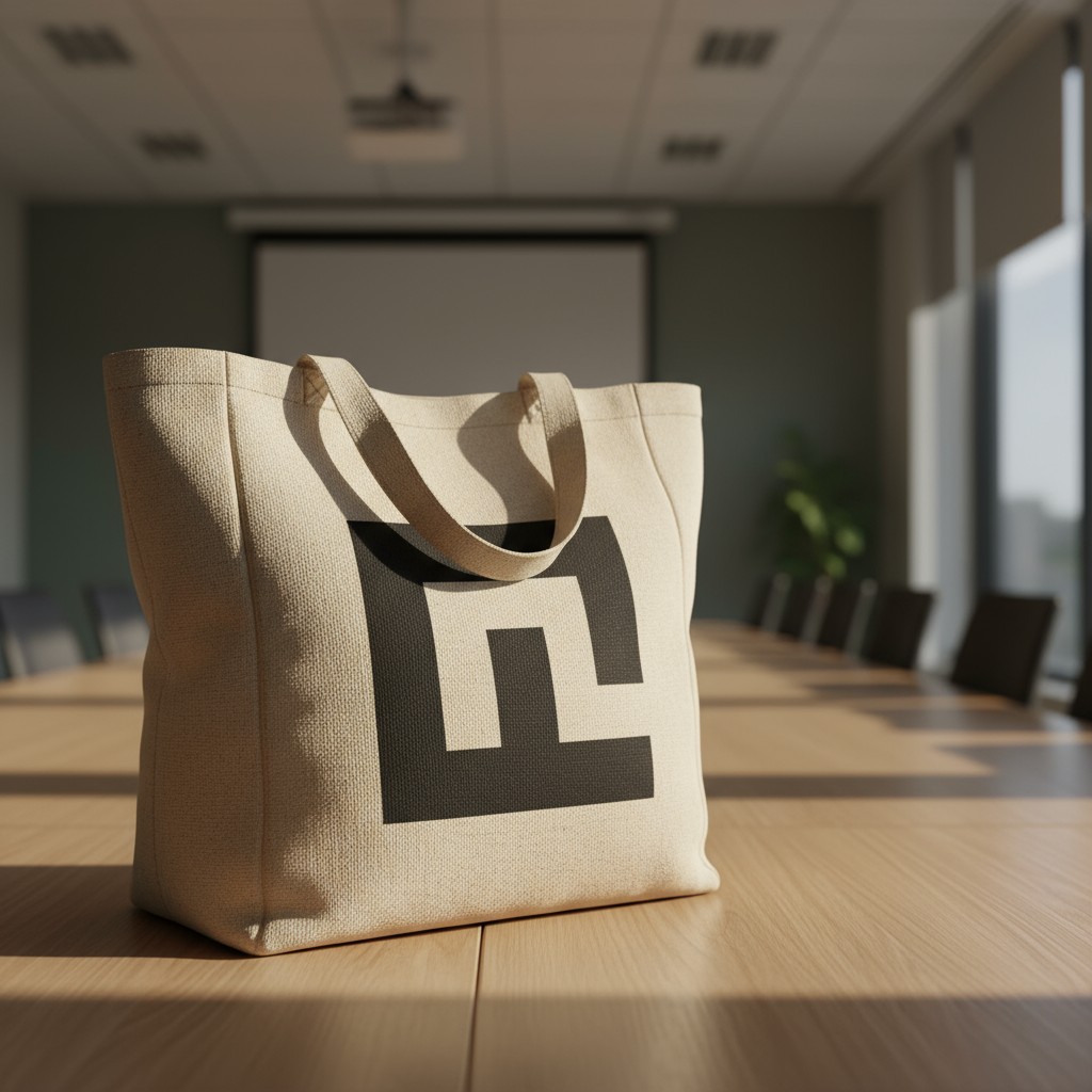 Original image description: A large, beige canvas tote bag with a black geometric design in the shape of an 'm' sits on a ...