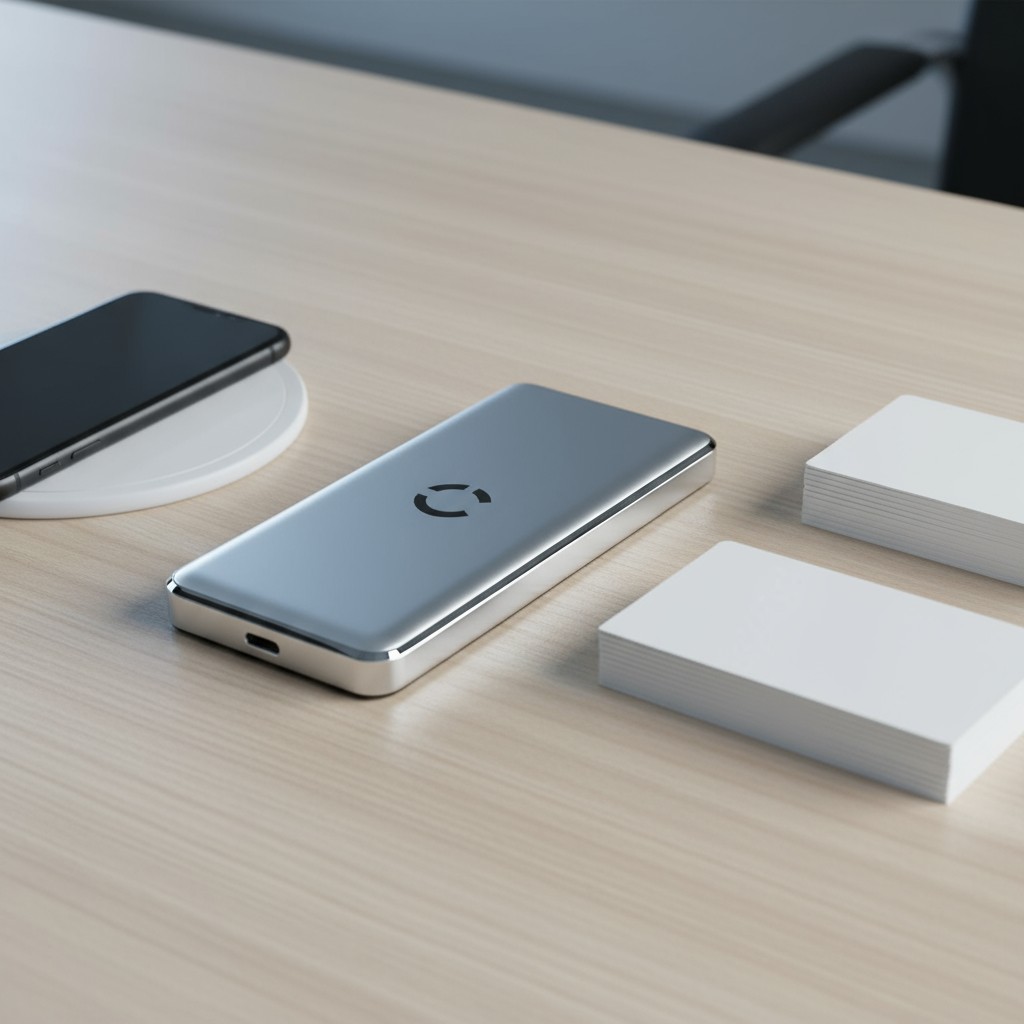 A smartphone, business cards, and charging pad on a wooden table.