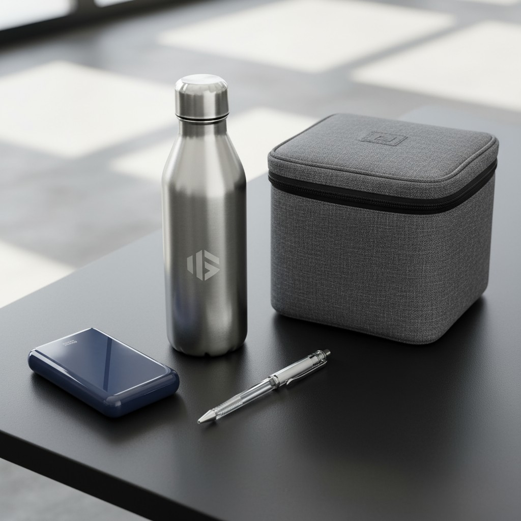 A compact, modern gray table is featured in this photograph, with a selection of items laid out on its surface. The items ...