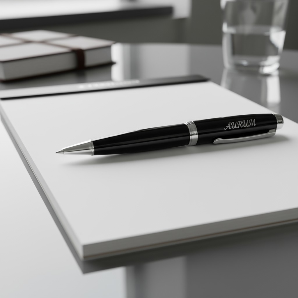An image of a black pen with a silver tip and the word "AURUM" on its barrel, resting on a white notebook amidst a blurred...