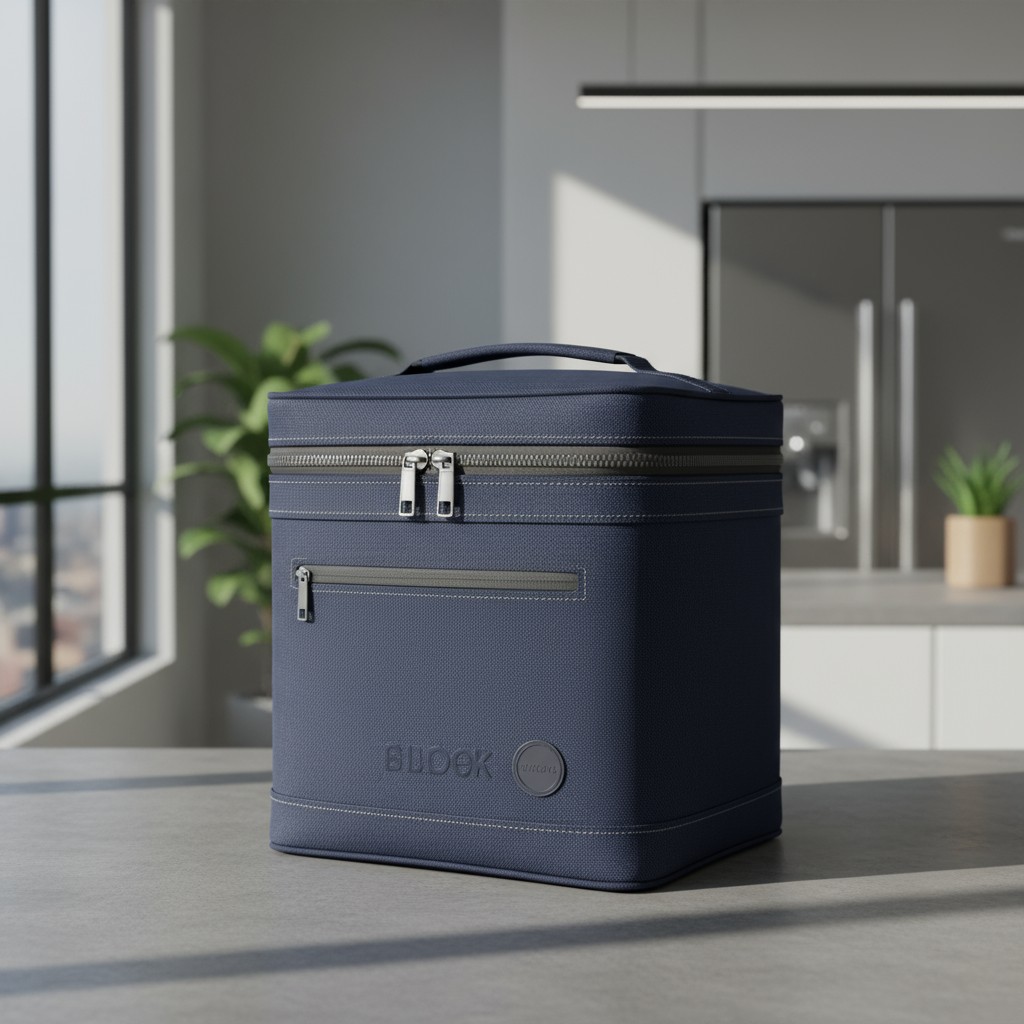 A medium-sized navy gray insulated, zippered thermal bag sits on a grey granite countertop. The countertop in the backgrou...